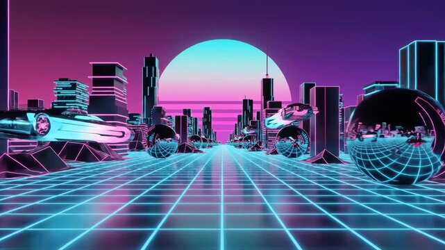 Retro Futuristic Synthwave City Over Neon Grid Floor with Flying Cars and Chrome Spheres