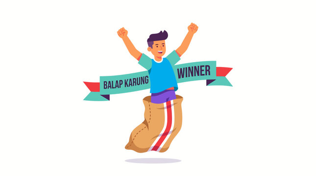 man celebrating winning balap karung with banner in cartoon style for gaming or sports