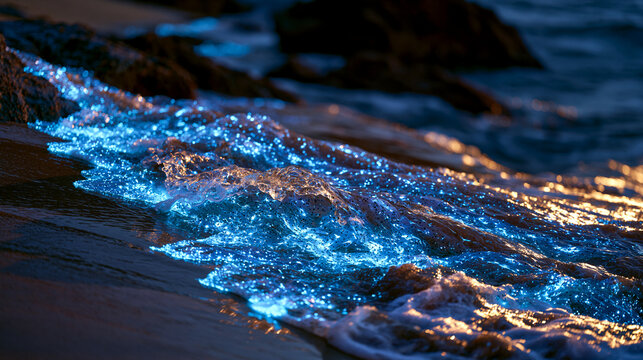 Noctiluca scintillans bioluminescent dinoflagellate bloom illuminating breaking shore surf at zero ambient light, biochemical luciferin oxidation casting aqua luminescence across wave foam, dark coa