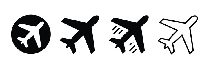 Airplane icons featuring takeoff aircraft, black flying plane silhouettes, airport airline jet symbols, circle logos, and vector pictogram designs © MD KHALEK
