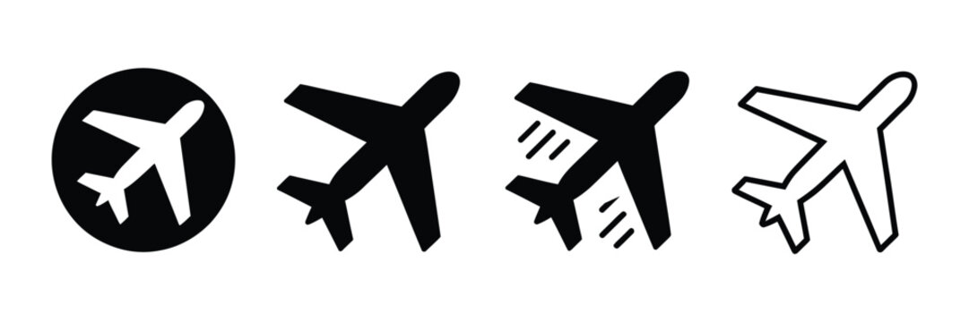 Airplane icons featuring takeoff aircraft, black flying plane silhouettes, airport airline jet symbols, circle logos, and vector pictogram designs