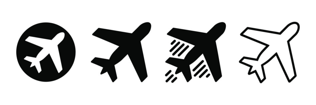 Airplane icons featuring takeoff aircraft, black flying plane silhouettes, airport airline jet symbols, circle logos, and vector pictogram designs