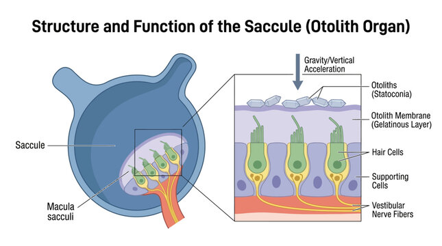 Detailed anatomical illustration of the saccule and otolith organ structure with labeled components on a white background.