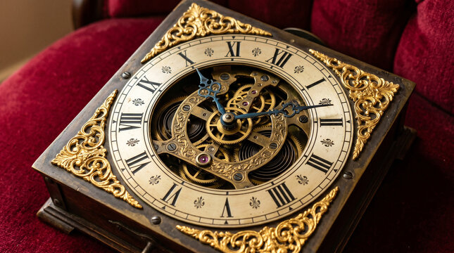 Square vintage mantel clock with visible skeleton movement on red velvet surface.