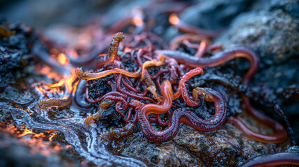 Fototapeta premium Ribbon worm Lineus longissimus tangled mass on exposed intertidal boulder, proboscis extended and contracted simultaneously at different body regions, mucus trail glistening on rock surface, nemerte