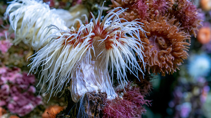 Naklejka premium Sea anemone Metridium senile plumose column fully extended on subtidal piling, tentacle plume spread in tidal current, acontia thread visible at column base, white and brown color morph adjacent in 
