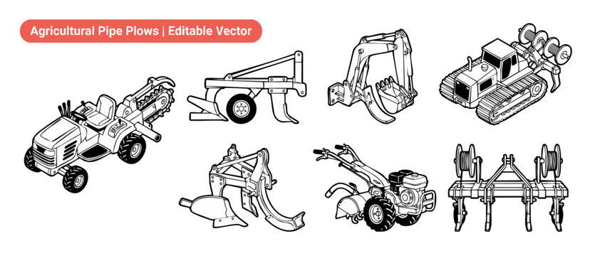 Agricultural machinery vector icons set of farm pipe plows, isometric industrial tractor, trenchers, subsoilers, tilling equipment for civil engineering and irrigation systems design illustrations.
