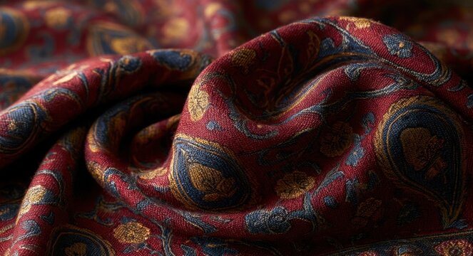 Intricately patterned red and blue brocade fabric with ornate gold paisley motifs draped in folds