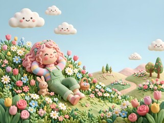 Fototapeta premium Cute Pastel 3D Clay Girl Relaxing in Flower Meadow with Smiling Clouds and Copy Space