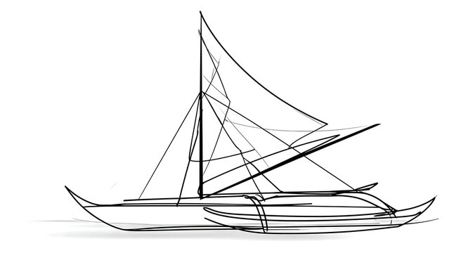 Traditional wooden sailboat sketch white background.