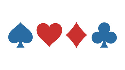 Obraz premium Four textured playing card suit symbols featuring spade, heart, diamond, and club icons. Flat design graphic illustration with red and blue colors isolated on a white background.