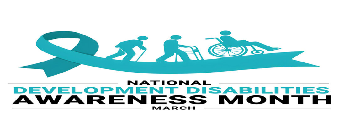 National developmental disabilities awareness month banner with teal ribbon and silhouettes of people with mobility aids on white background