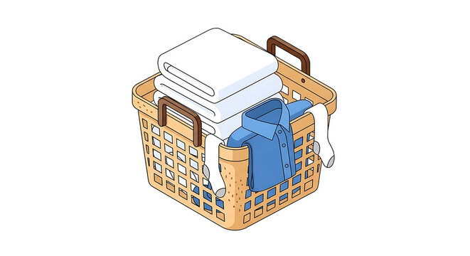 Laundry basket with folded clothes. Plastic hamper filled with clean white laundry items.