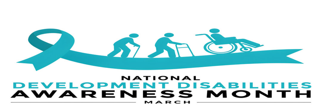 National developmental disabilities awareness month banner with teal ribbon and silhouettes of people with mobility aids on white background