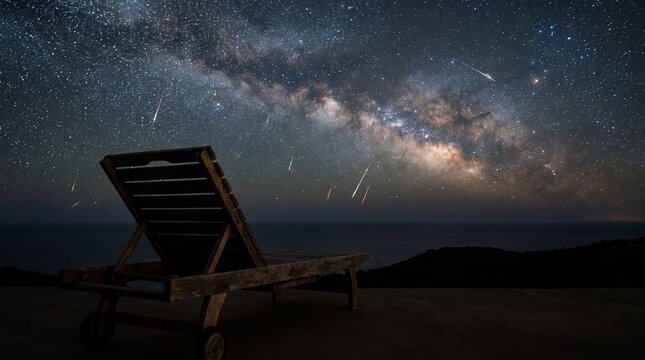 Single lounge chair on hilltop facing meteor shower night sky