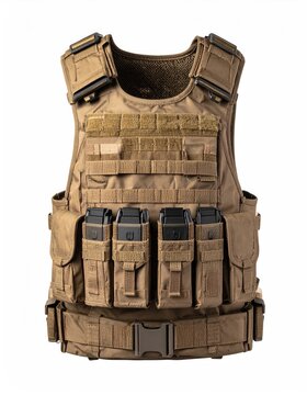 Tan tactical vest with multiple pouches, straps, and a removable cummerbund