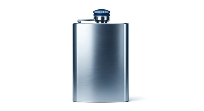 Stainless steel hip flask isolated on white. Metal alcohol container for spirits.
