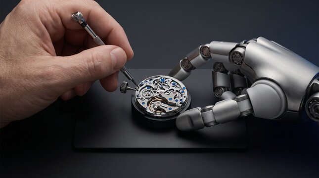 Human and robot hands collaborating on precision watch repair