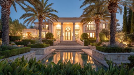 Fototapeta premium Magnificent luxury mansion entry with tropical front yard and grand stone steps