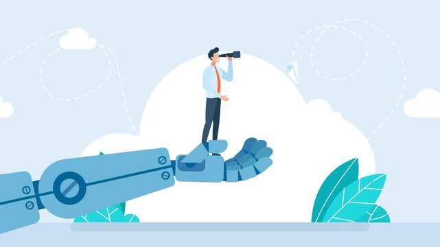Artificial Intelligence help business success, future of AI working with humanity, robot automation or innovation support. Robot hand holding businessman to see opportunity. AI. 2d flat animation