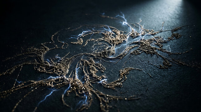 Intricate Metallic Powder Forming Abstract Fractal Patterns with Electrical Sparks on Dark Textured Surface