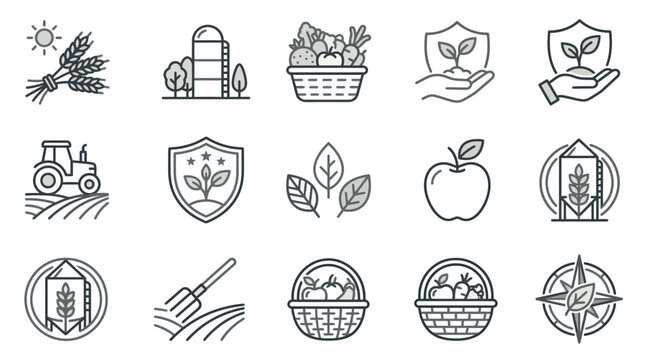 Farm life and harvest line icons.