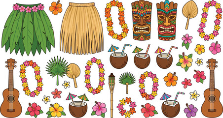 Hawaiian Luau Party Icon Set with Hula Skirts Tiki Masks Lei Garlands Ukulele Coconut Drinks and Hibiscus Flowers Vector Illustration, © Sahina