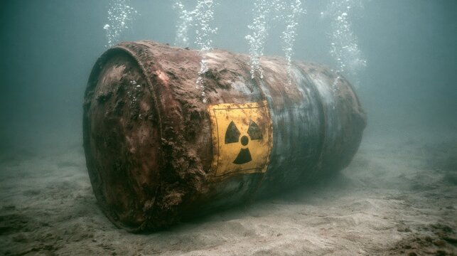 Rusted radioactive waste barrel lying on the ocean floor with rising bubbles