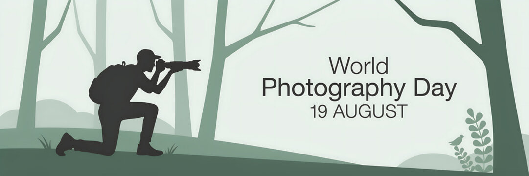 A silhouette of a photographer kneeling in a forest with trees and plants on day celebrated on the nineteenth of august