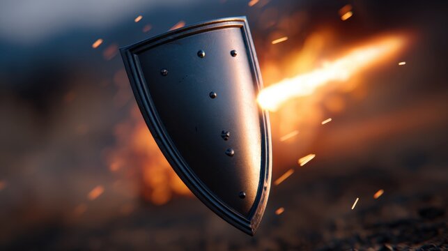 A metallic shield glows amidst fiery sparks, representing protection and valor in battle