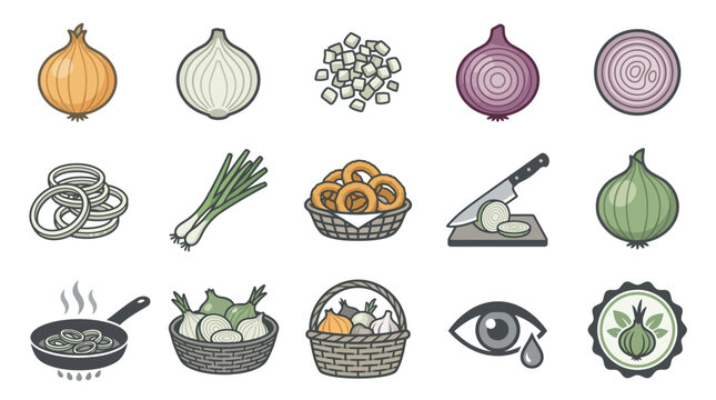 Onion cooking preparation and culinary use icons.