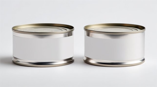 Minimalist product shot: two metal tuna cans on clean white surface