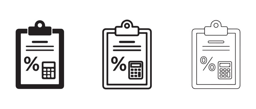 Clipboard icons with percentage and calculator symbols  business finance calculation tools