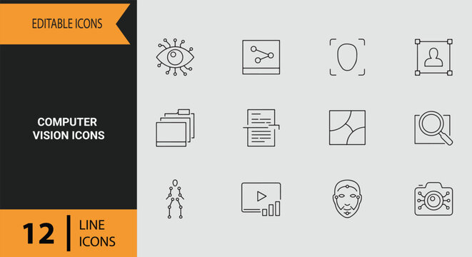Computer Vision Icons: Smart Computer Vision Outline Icons for Artificial Intelligence and Visual Recognition Systems