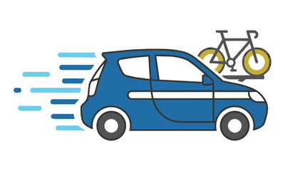 Naklejka premium Compact electric car with bicycles on a rear rack and motion lines on white background sustainable travel concept