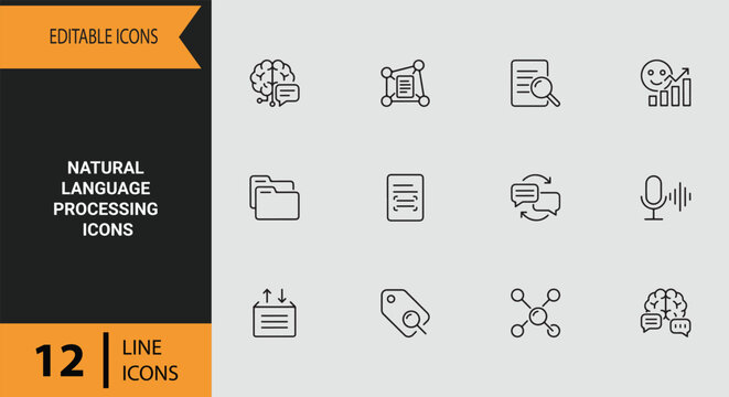 Natural Language Processing Icons: Smart Natural Language Processing Outline Icons for Advanced Voice and Text Recognition