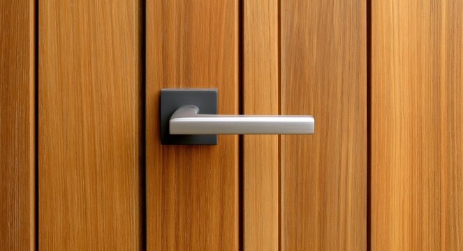 Silver door handle on vertical wooden panels