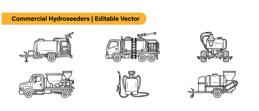 Hydroseeder Vector Icons Commercial Equipment Set featuring line art illustrations of landscaping machinery, agricultural sprayers, and erosion control trucks isolated on white background.