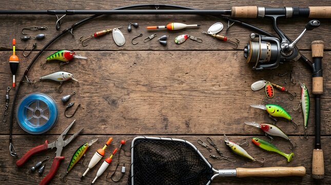 Fishing Gear and Tackle Equipment Arranged on a Rustic Weathered Wooden Surface Background for Recreational Angling Activity Preparation