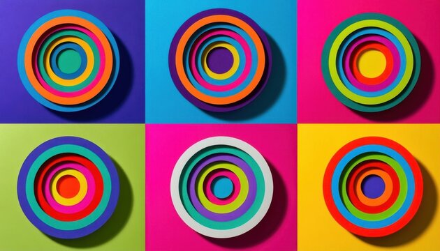Six colorful concentric circle designs arranged in two rows of three on a grid of vibrant blue, teal, pink, green, magenta, and yellow backgrounds