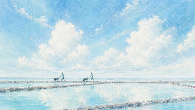 Salt workers pushing wheelbarrows across blue coastal salt fields