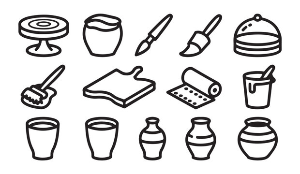 Set of linear pottery craft icons featuring various brushes workboards rollers tools and ceramic vessels icons.