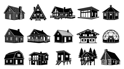 Fototapeta premium Architecture Housing Glyph Icons: Diverse Black and White Cabins, Homes, and Lodges Silhouette Vector Set