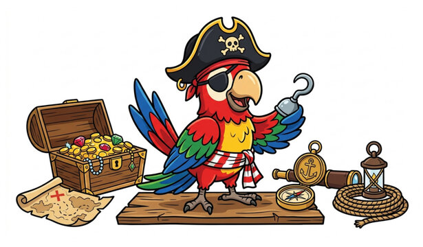 Funny Pirate Parrot Mascot Flat Vector Illustration