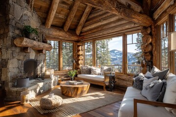 Fototapeta premium Warm alpine lounge with timber paneling and pine forest scenery