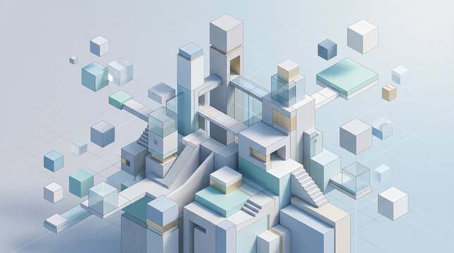 A beautiful 3D isometric visualization of a futuristic modular architectural structure, featuring clean white and soft pastel blue concrete pillars, steps, glass elements, and scattered floating cubes