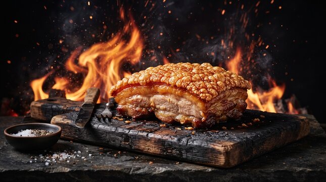 Crispy roasted pork belly with golden crackling, grilled meat on rustic wooden board, barbecue pork over open fire flames and sparks