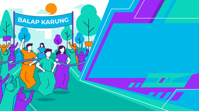people running in Balap Karung race with banner and trees in background for sports event marketing