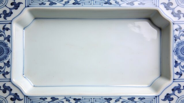 Blue and white porcelain rectangular serving dish with floral border for tableware, sushi platters and decorative displays
