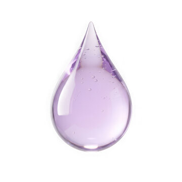 Teardrop shaped clear liquid drop with light purple hue isolated on a transparent background